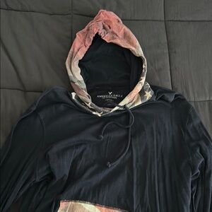 American Eagle Blue Hoodie with Red and White Accents